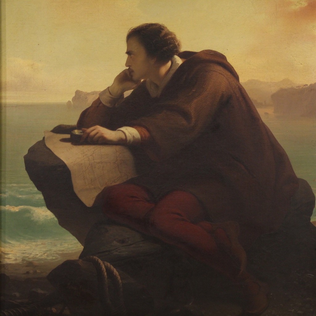 Grande dipinto firmato Mauro Conconi e datato 1853, Cristoforo Colombo
