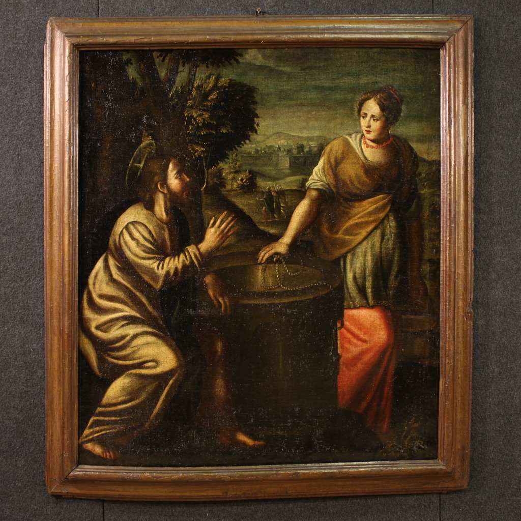 Antico dipinto italiano Cristo e la Samaritana al pozzo del XVII secolo-photo-2