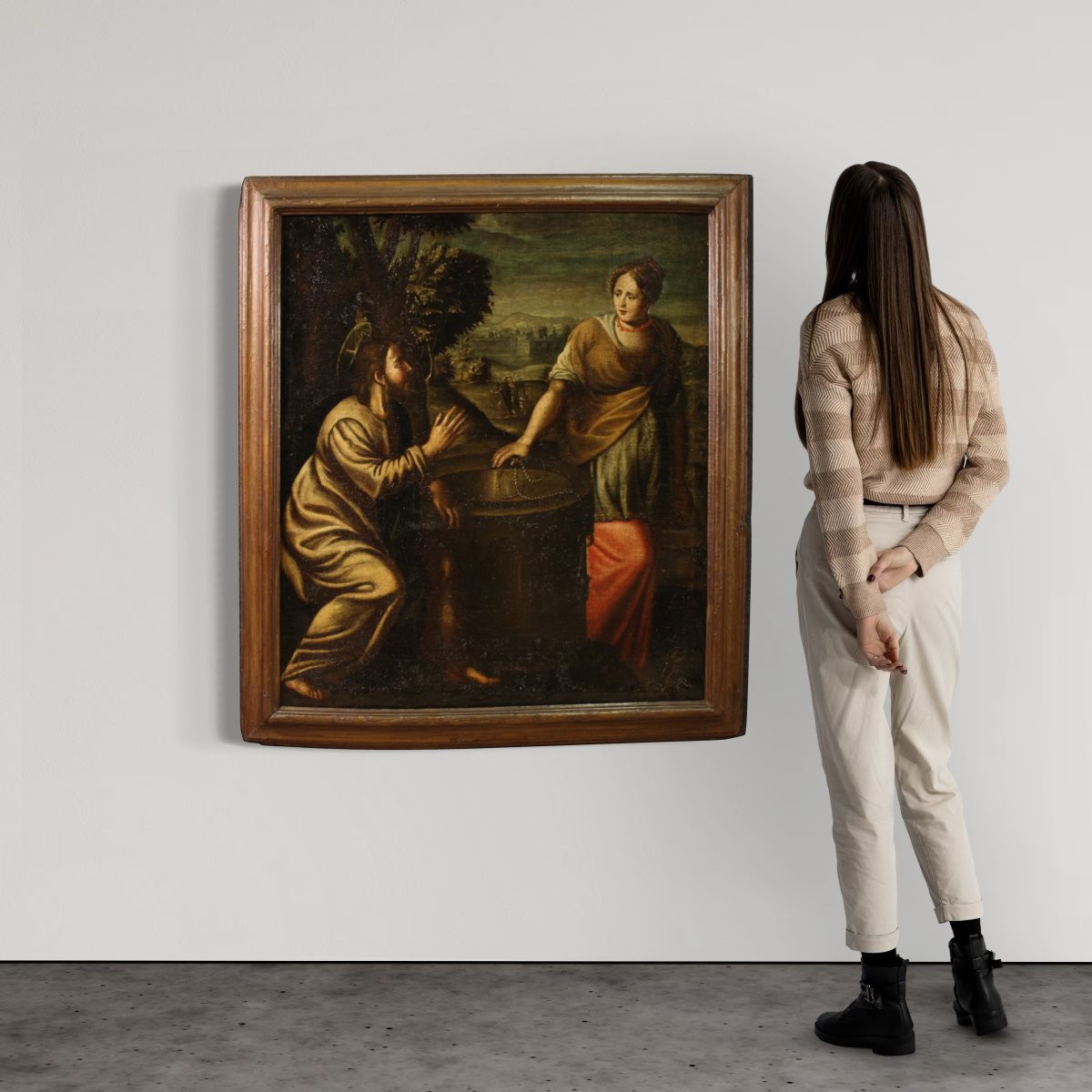 Antico dipinto italiano Cristo e la Samaritana al pozzo del XVII secolo-photo-3