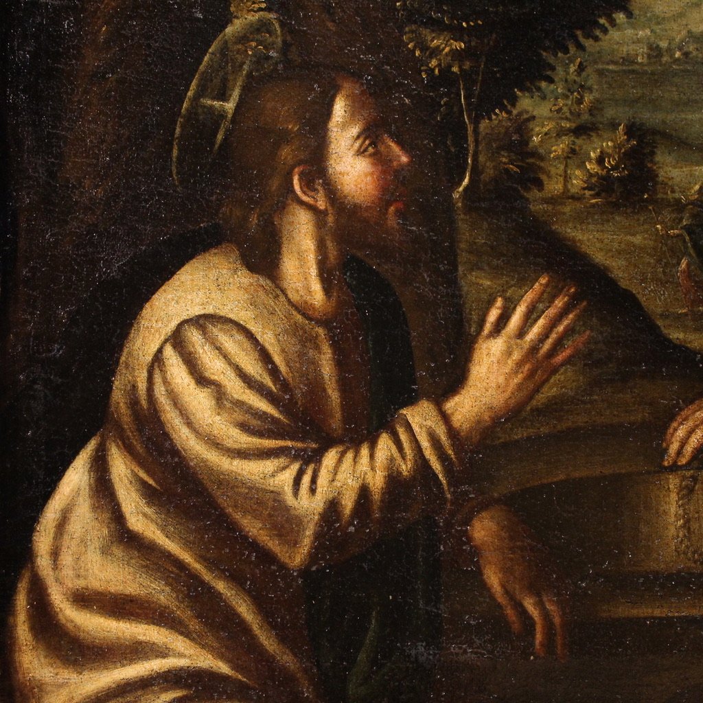 Antico dipinto italiano Cristo e la Samaritana al pozzo del XVII secolo-photo-4