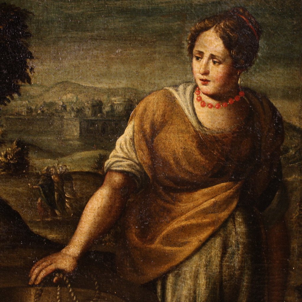 Antico dipinto italiano Cristo e la Samaritana al pozzo del XVII secolo-photo-1