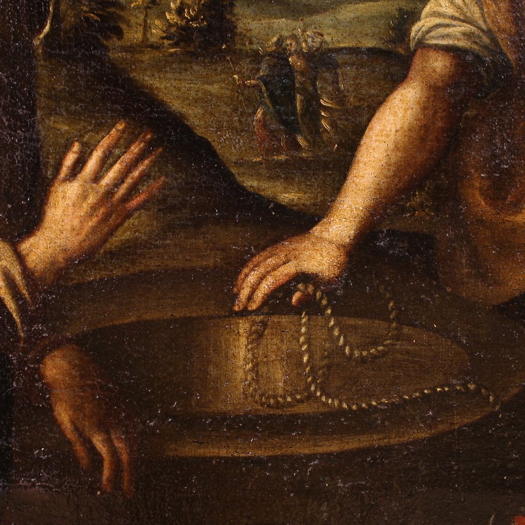 Antico dipinto italiano Cristo e la Samaritana al pozzo del XVII secolo-photo-3