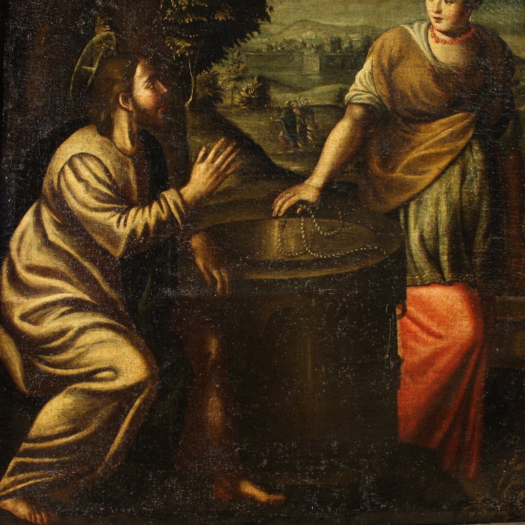 Antico dipinto italiano Cristo e la Samaritana al pozzo del XVII secolo-photo-5
