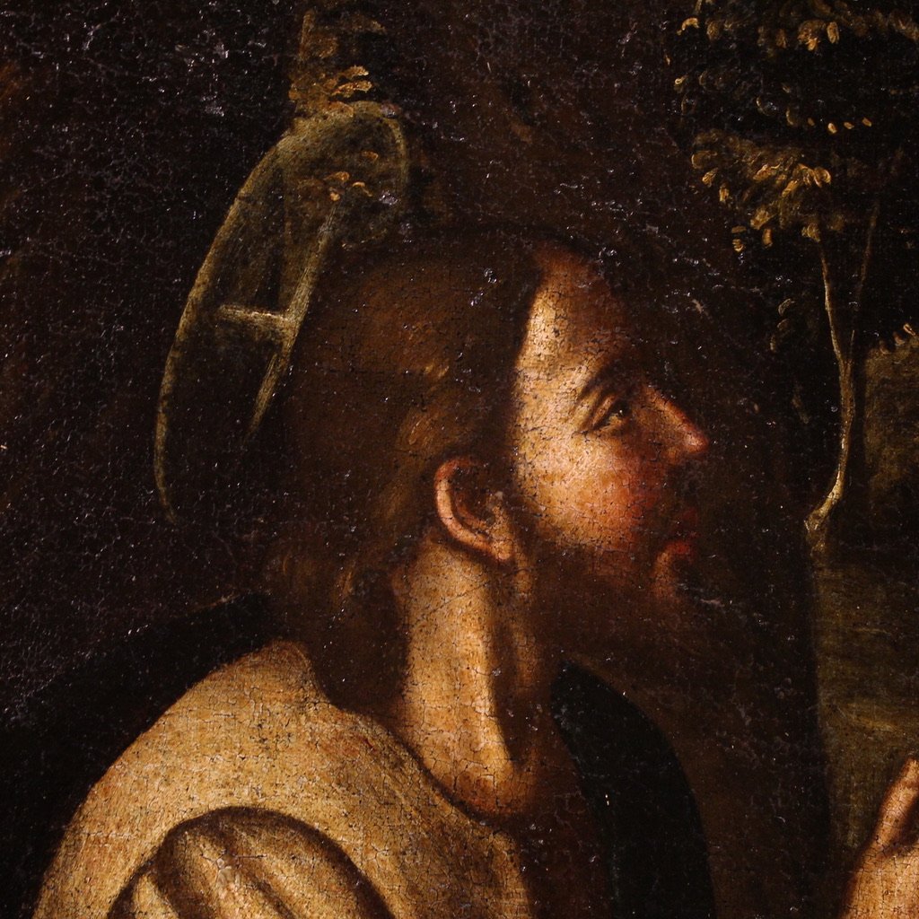 Antico dipinto italiano Cristo e la Samaritana al pozzo del XVII secolo-photo-7