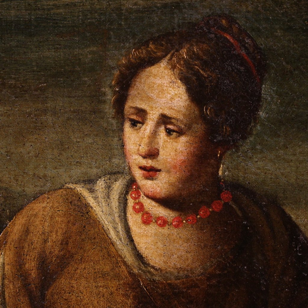 Antico dipinto italiano Cristo e la Samaritana al pozzo del XVII secolo-photo-8