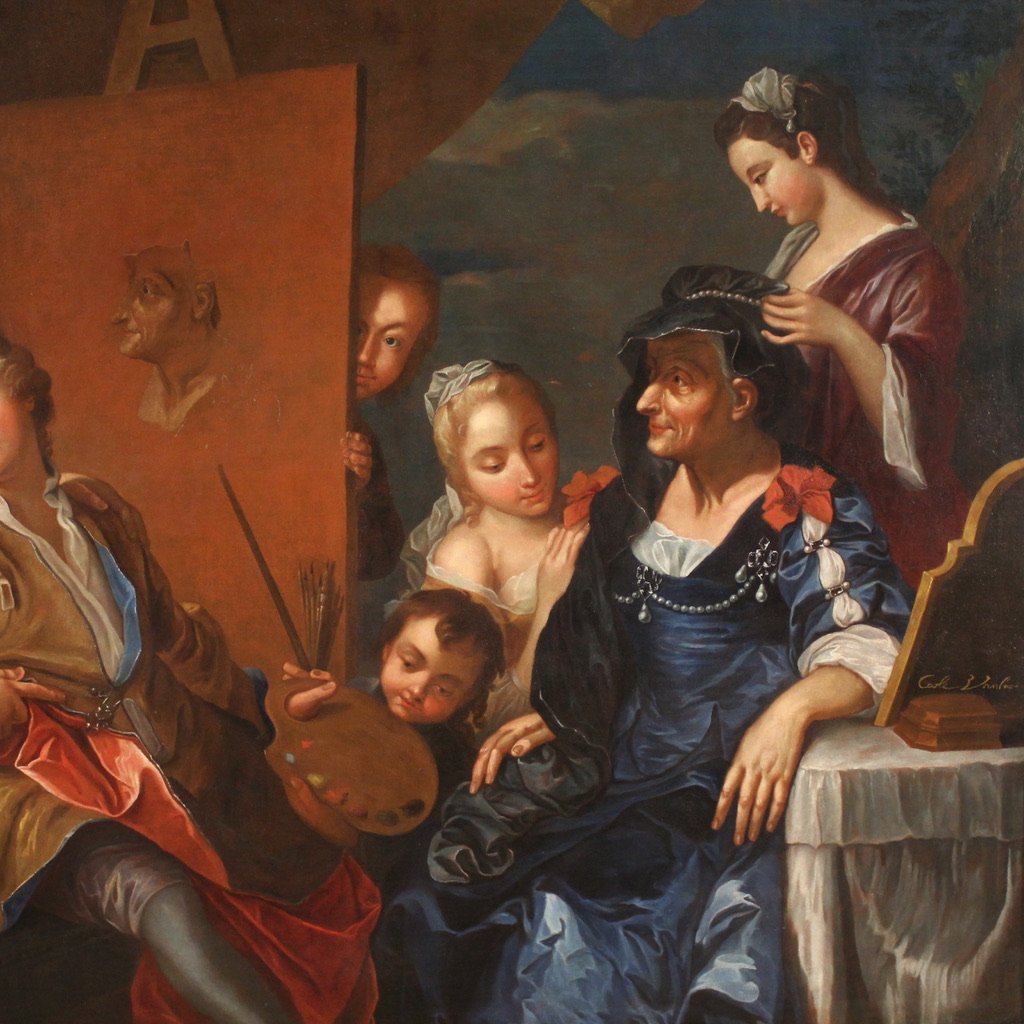 Grande dipinto del XVIII secolo firmato Charles-André Van Loo, L'atelier del pittore-photo-3