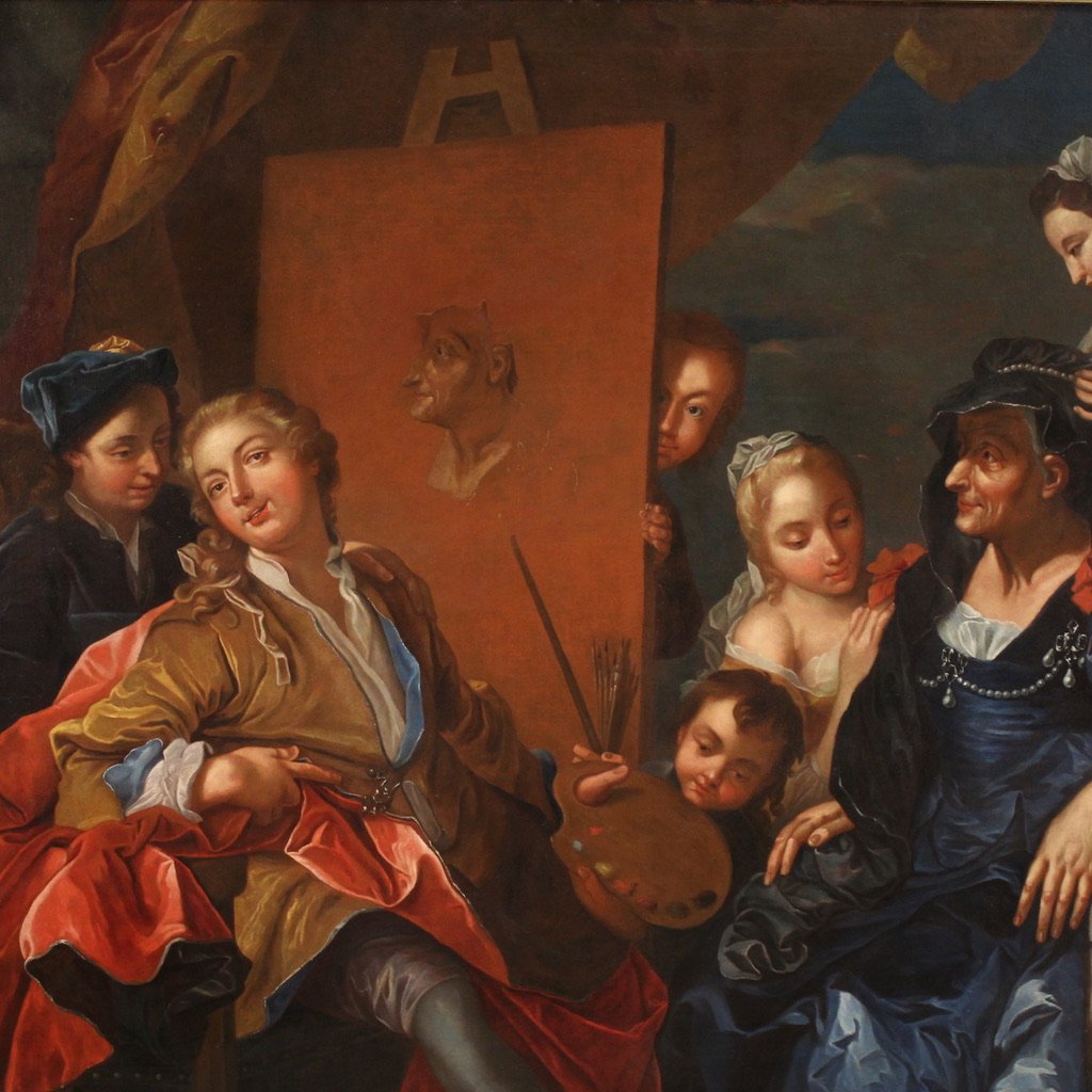 Grande dipinto del XVIII secolo firmato Charles-André Van Loo, L'atelier del pittore-photo-2