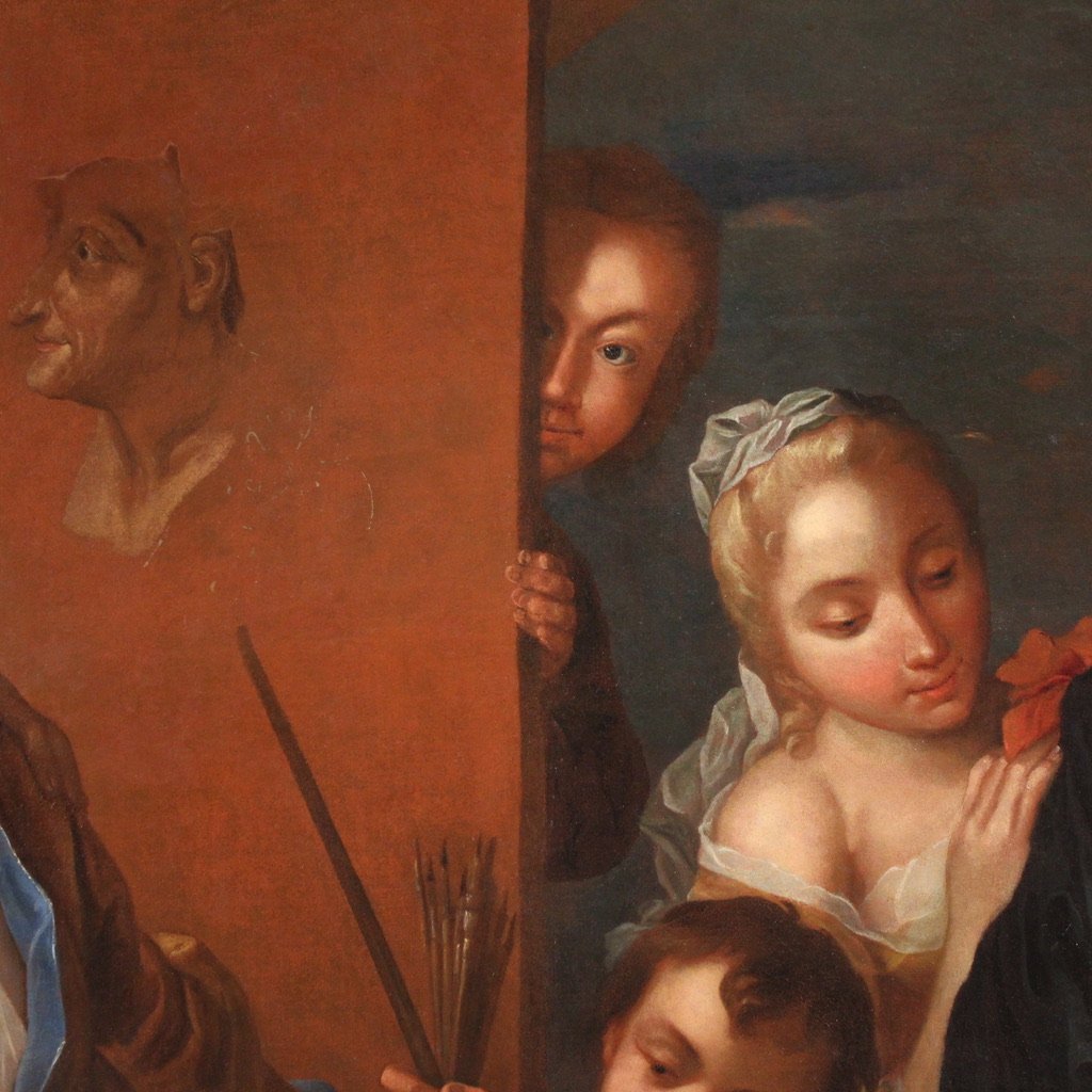 Grande dipinto del XVIII secolo firmato Charles-André Van Loo, L'atelier del pittore-photo-3