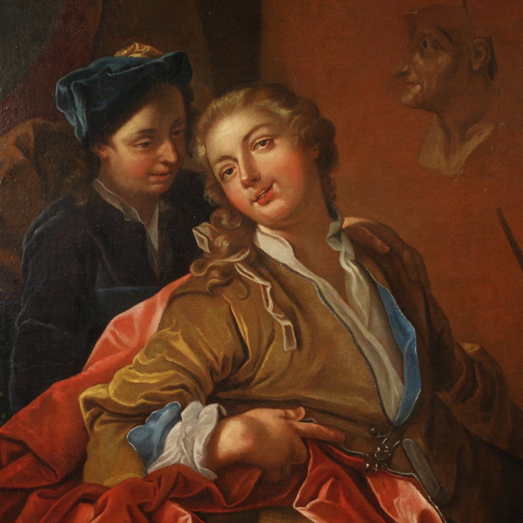 Grande dipinto del XVIII secolo firmato Charles-André Van Loo, L'atelier del pittore-photo-8