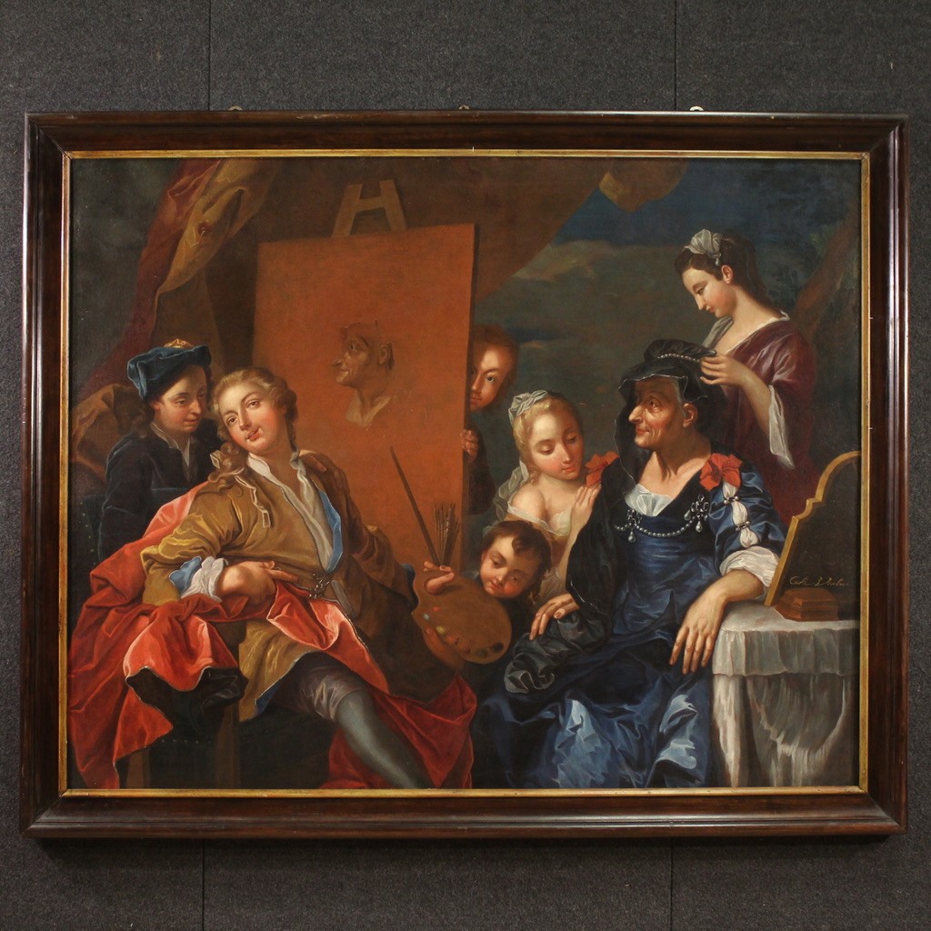 Grande dipinto del XVIII secolo firmato Charles-André Van Loo, L'atelier del pittore