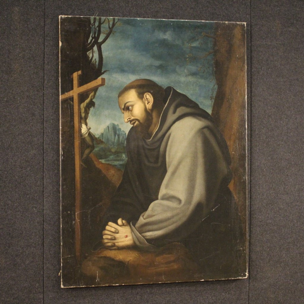 Antico dipinto italiano San Francesco del XVIII secolo-photo-3