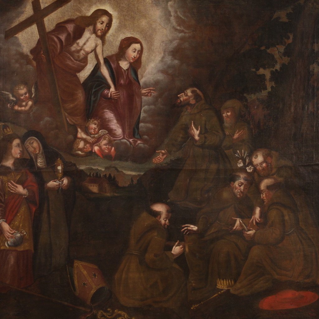 Antico dipinto spagnolo religioso olio su tela del XVIII secolo-photo-4