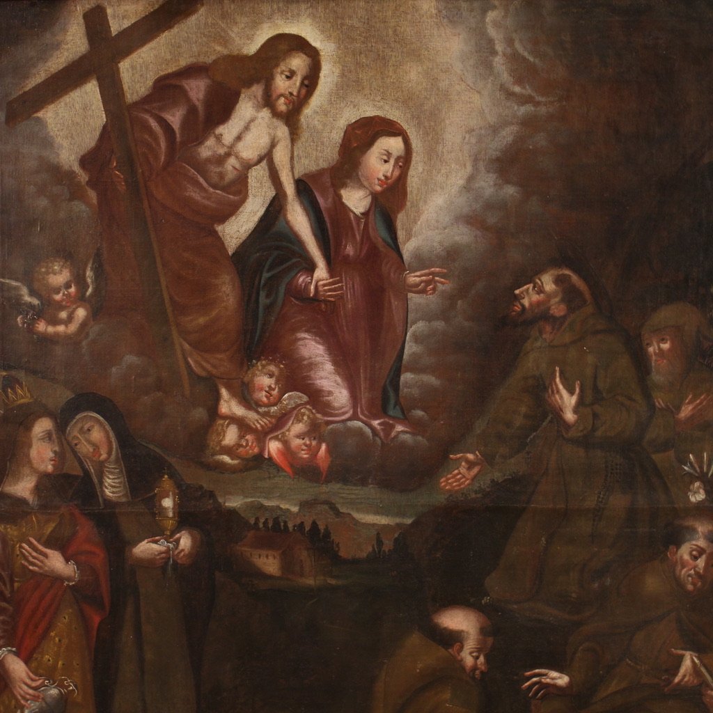 Antico dipinto spagnolo religioso olio su tela del XVIII secolo-photo-1