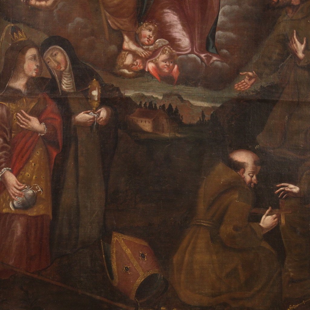 Antico dipinto spagnolo religioso olio su tela del XVIII secolo-photo-3