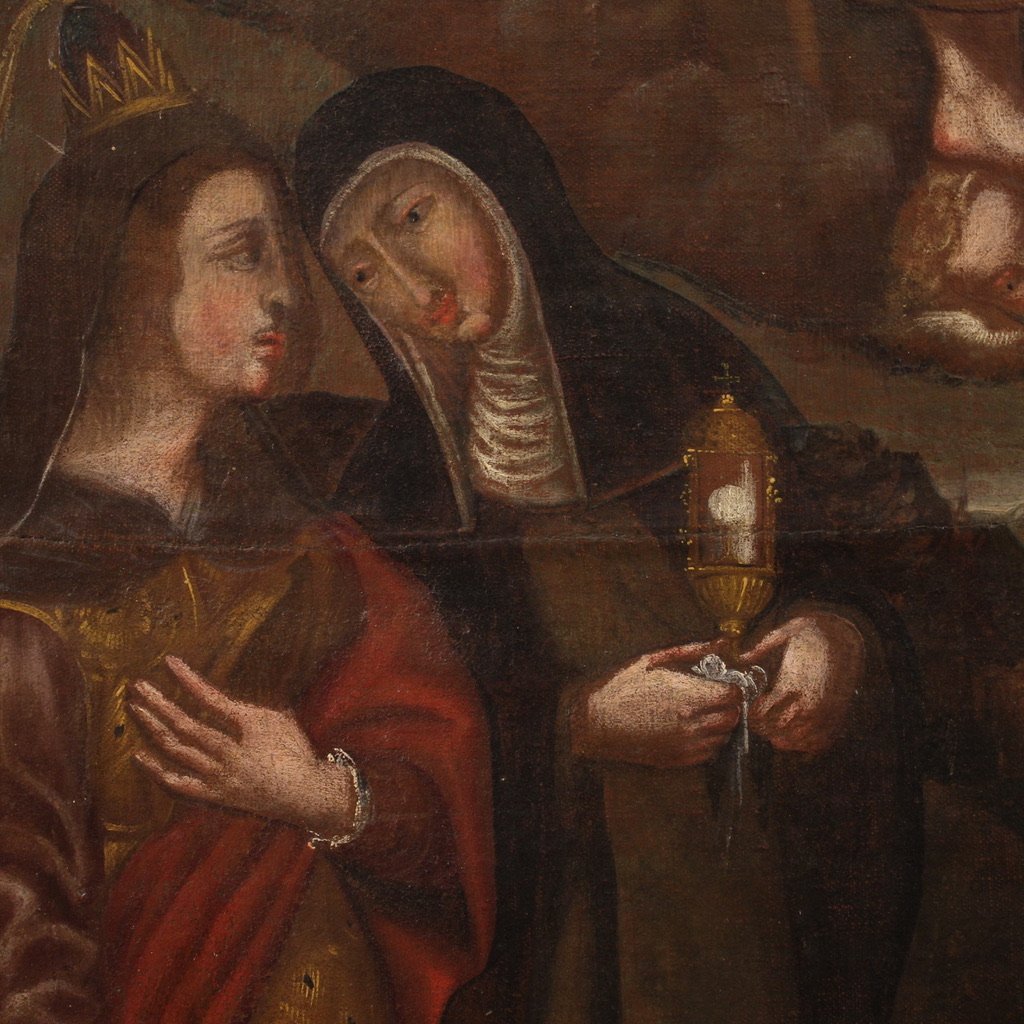 Antico dipinto spagnolo religioso olio su tela del XVIII secolo-photo-4
