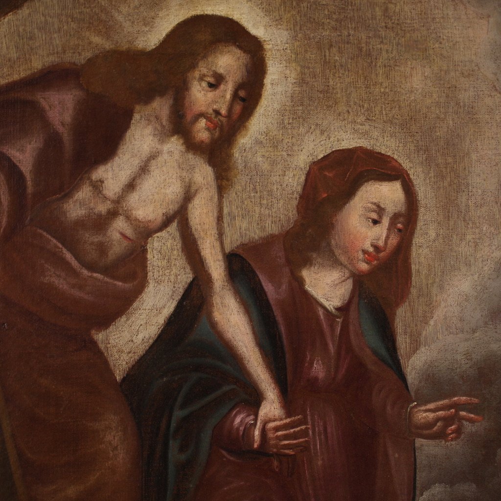 Antico dipinto spagnolo religioso olio su tela del XVIII secolo-photo-5