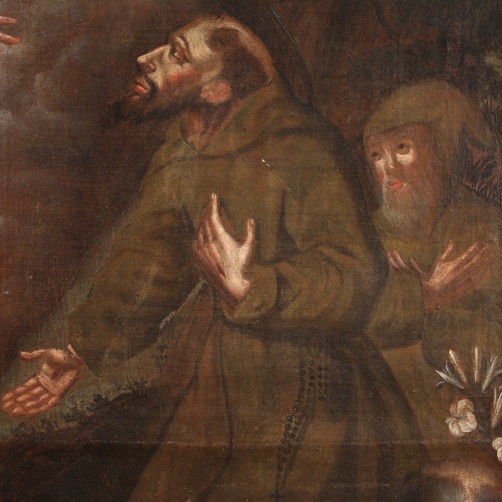 Antico dipinto spagnolo religioso olio su tela del XVIII secolo-photo-8