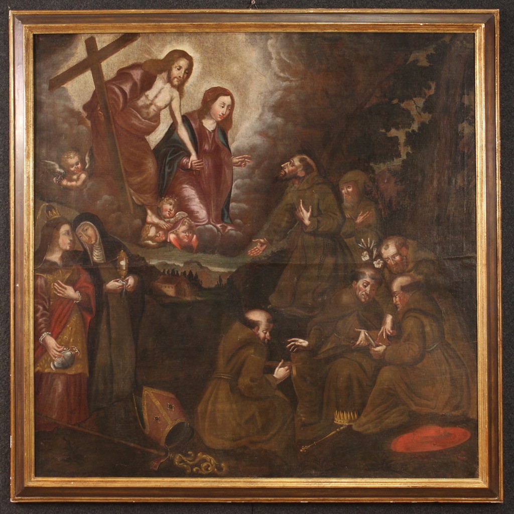 Antico dipinto spagnolo religioso olio su tela del XVIII secolo