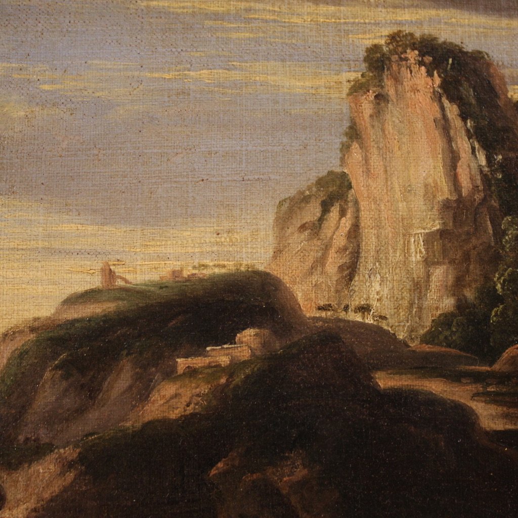 Antico dipinto paesaggio con armigeri del XVII secolo-photo-7