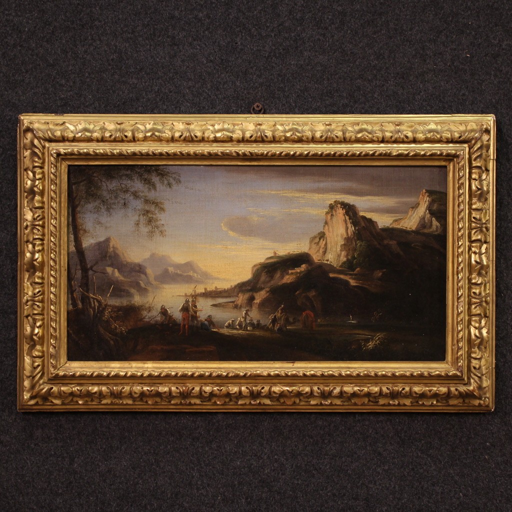 Antico dipinto paesaggio con armigeri del XVII secolo