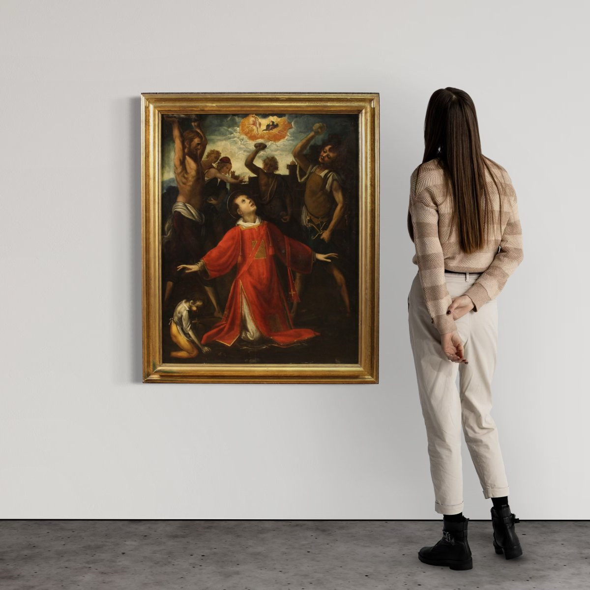 Grande dipinto antico su tavola del XVII secolo, Il martirio di Santo Stefano-photo-2