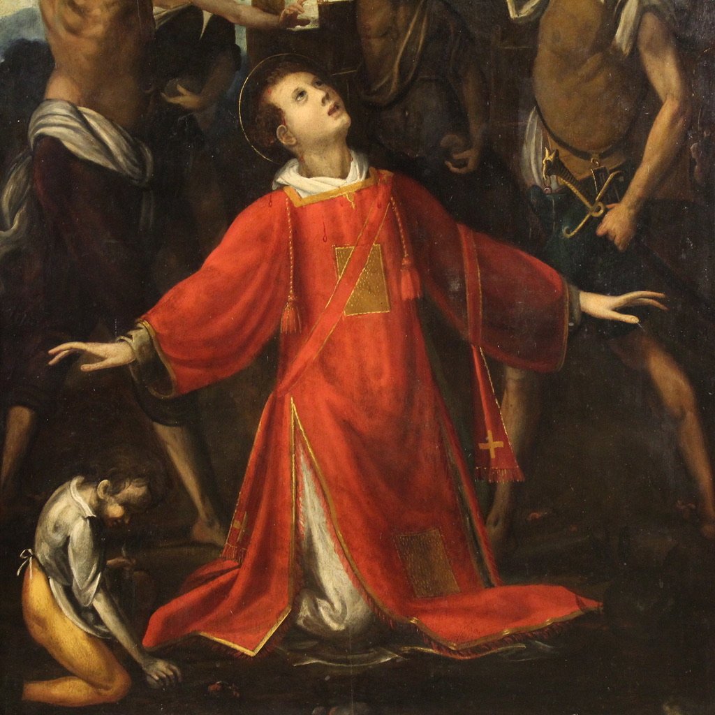 Grande dipinto antico su tavola del XVII secolo, Il martirio di Santo Stefano-photo-1