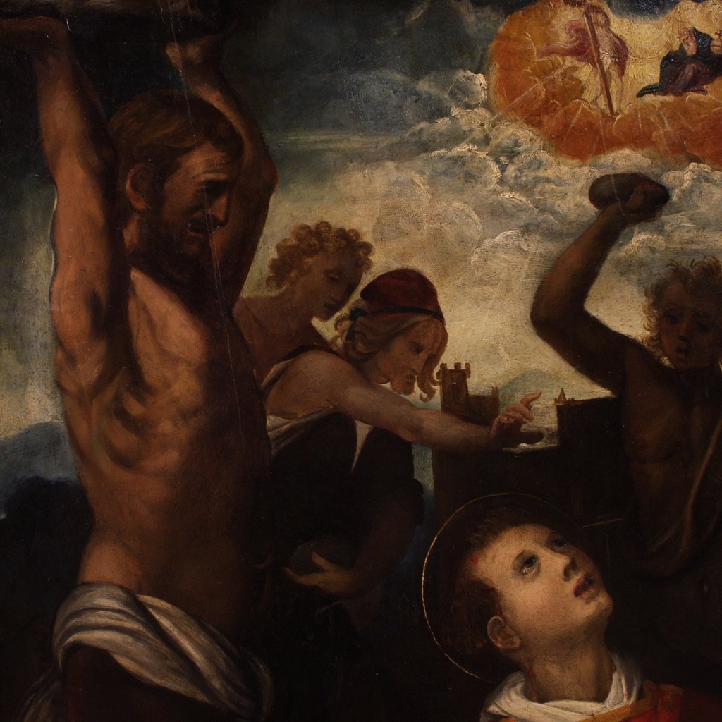 Grande dipinto antico su tavola del XVII secolo, Il martirio di Santo Stefano-photo-6