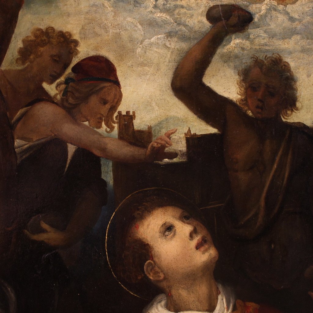 Grande dipinto antico su tavola del XVII secolo, Il martirio di Santo Stefano-photo-7