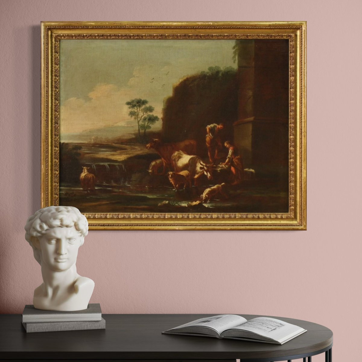 Dipinto scuola romana del XVII secolo, paesaggio con scena pastorale-photo-1