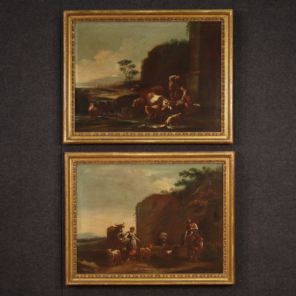 Dipinto scuola romana del XVII secolo, paesaggio con scena pastorale-photo-5