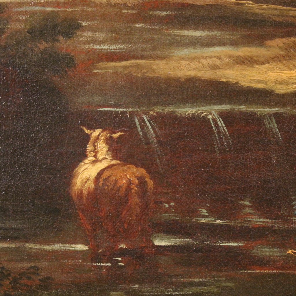 Dipinto scuola romana del XVII secolo, paesaggio con scena pastorale-photo-6