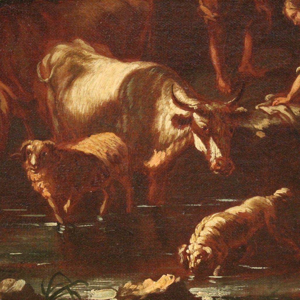Dipinto scuola romana del XVII secolo, paesaggio con scena pastorale-photo-7