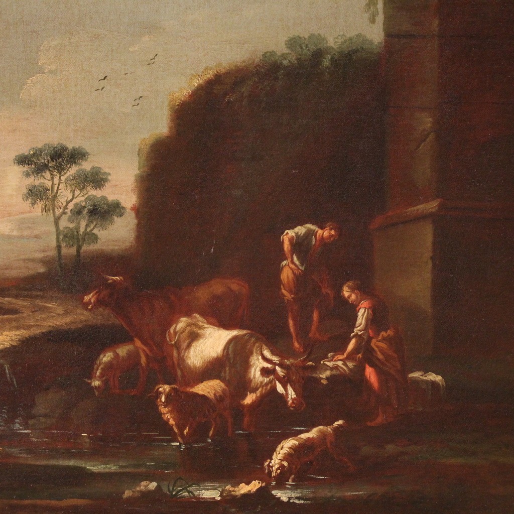 Dipinto scuola romana del XVII secolo, paesaggio con scena pastorale