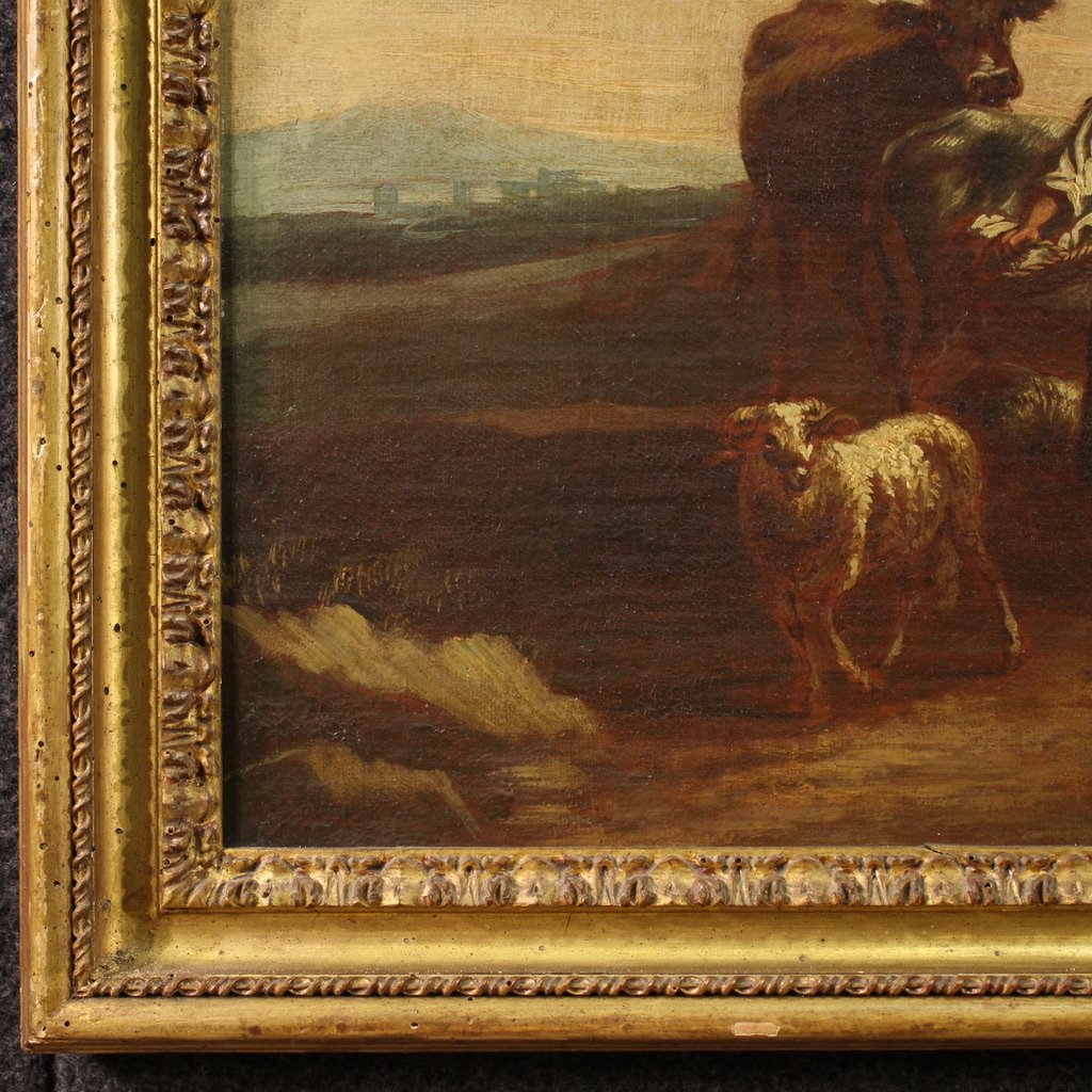 Dipinto paesaggio bucolico con figure del XVII secolo, scena pastorale-photo-5