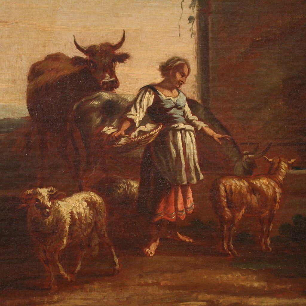 Dipinto paesaggio bucolico con figure del XVII secolo, scena pastorale-photo-7