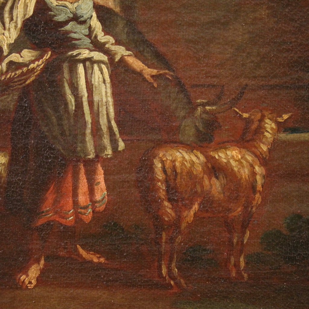 Dipinto paesaggio bucolico con figure del XVII secolo, scena pastorale-photo-8