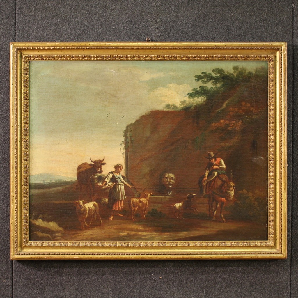 Dipinto paesaggio bucolico con figure del XVII secolo, scena pastorale