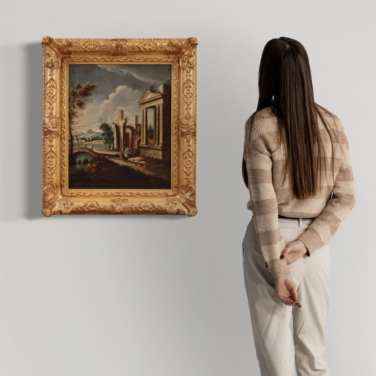 Dipinto scuola veneziana del XVIII secolo, capriccio architettonico con figure-photo-2