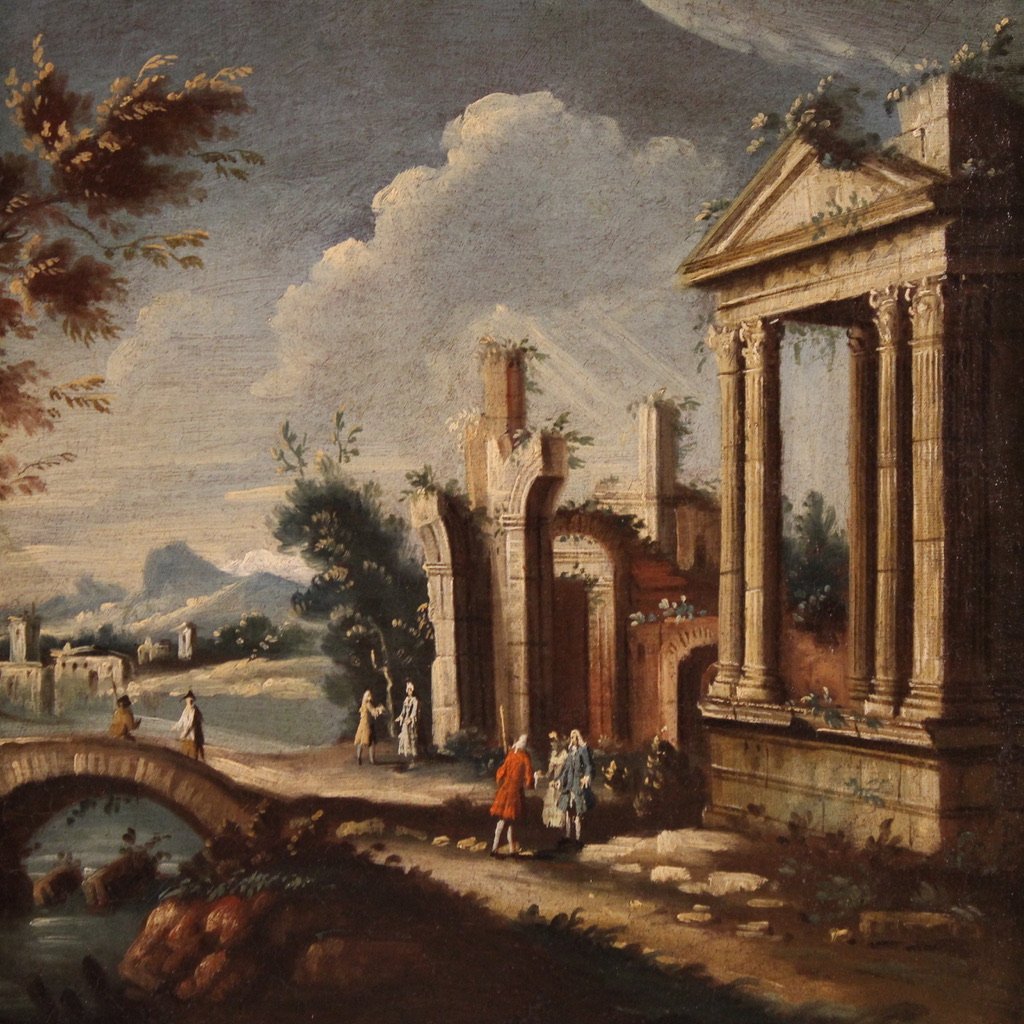 Dipinto scuola veneziana del XVIII secolo, capriccio architettonico con figure-photo-3