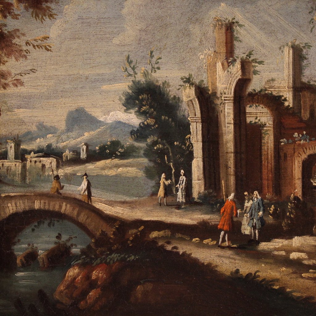 Dipinto scuola veneziana del XVIII secolo, capriccio architettonico con figure-photo-4