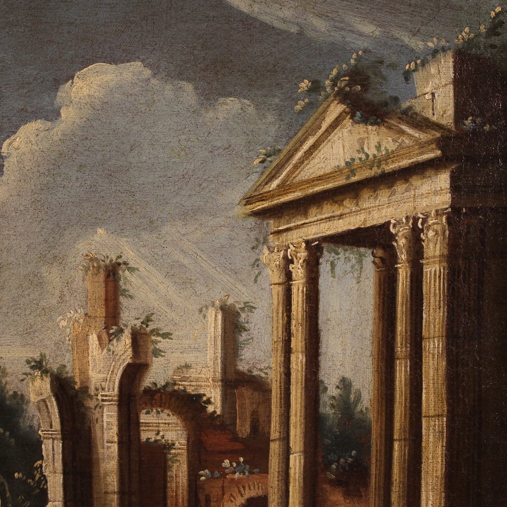 Dipinto scuola veneziana del XVIII secolo, capriccio architettonico con figure-photo-2