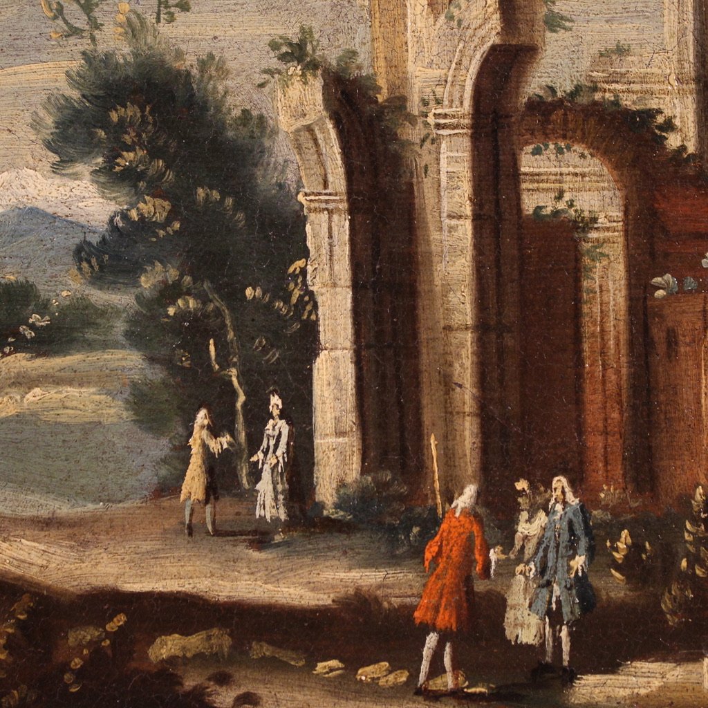 Dipinto scuola veneziana del XVIII secolo, capriccio architettonico con figure-photo-3