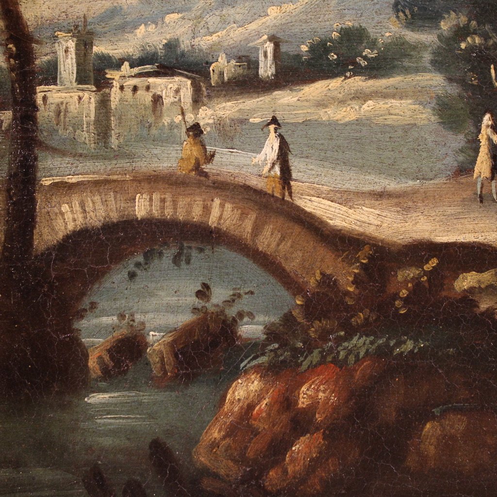 Dipinto scuola veneziana del XVIII secolo, capriccio architettonico con figure-photo-4