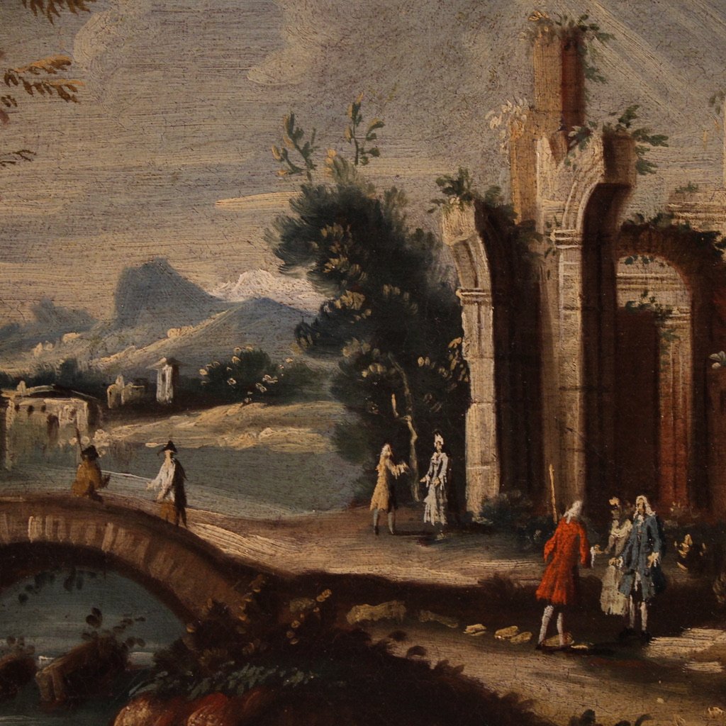 Dipinto scuola veneziana del XVIII secolo, capriccio architettonico con figure-photo-7