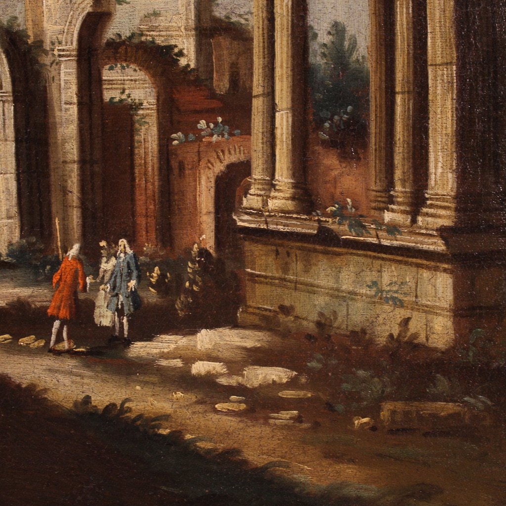 Dipinto scuola veneziana del XVIII secolo, capriccio architettonico con figure-photo-8