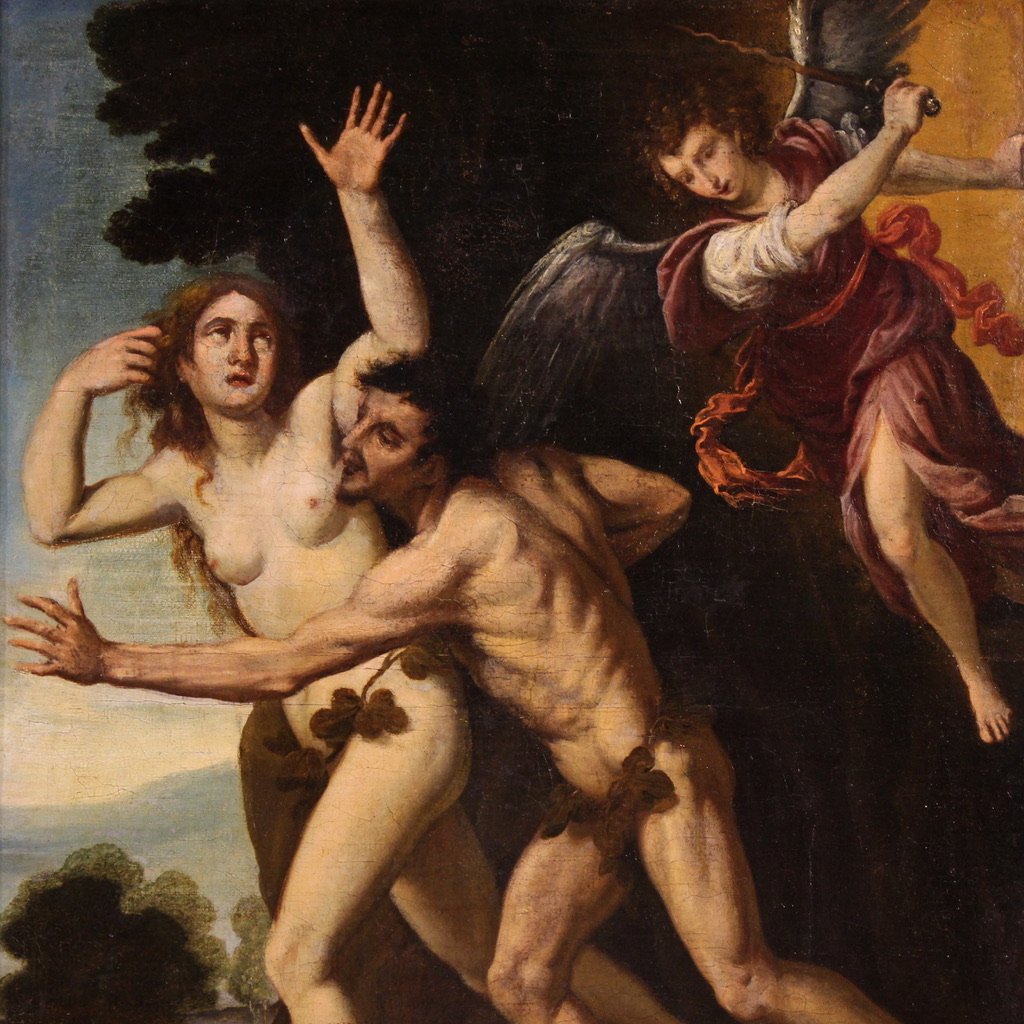 Antico dipinto del XVII secolo, la cacciata di Adamo ed Eva dal Paradiso Terrestre-photo-3