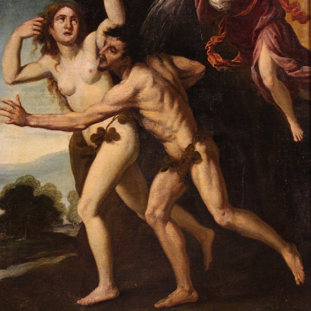 Antico dipinto del XVII secolo, la cacciata di Adamo ed Eva dal Paradiso Terrestre-photo-1