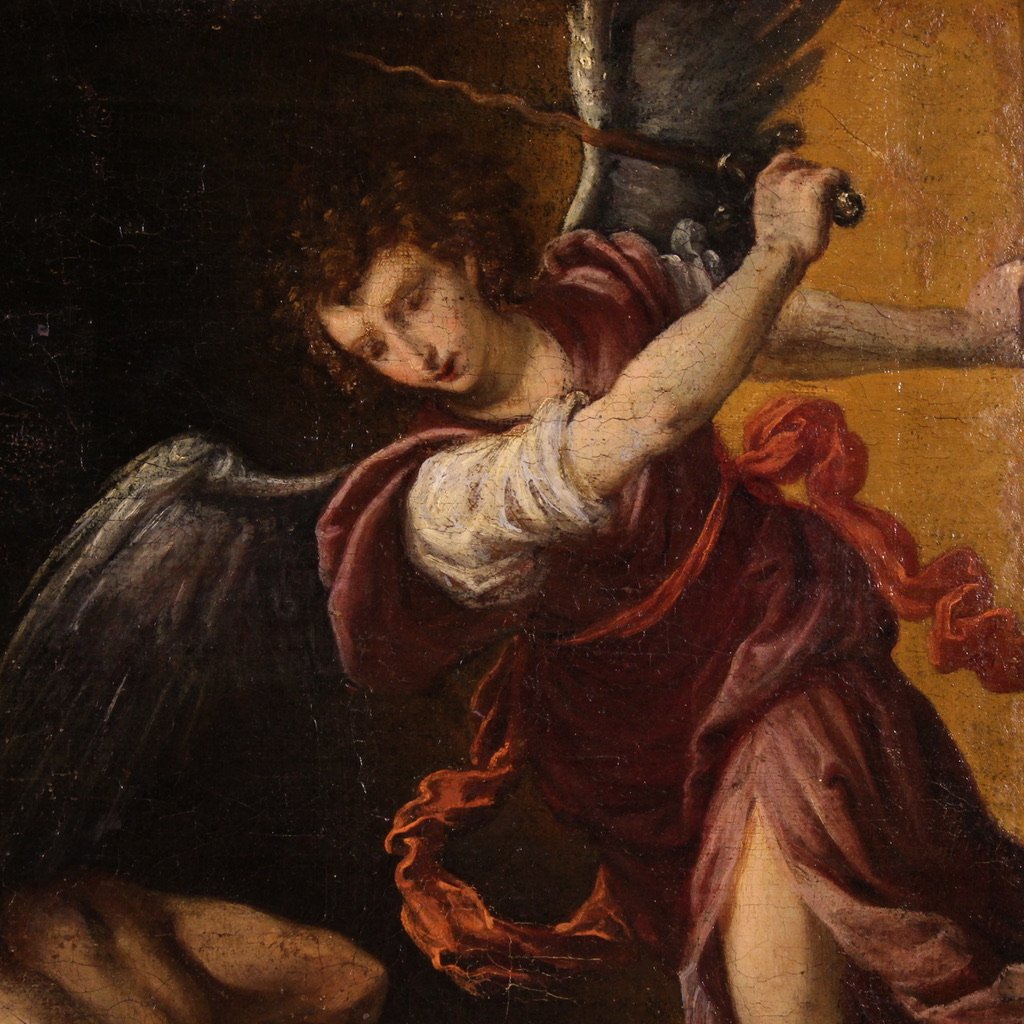 Antico dipinto del XVII secolo, la cacciata di Adamo ed Eva dal Paradiso Terrestre-photo-2