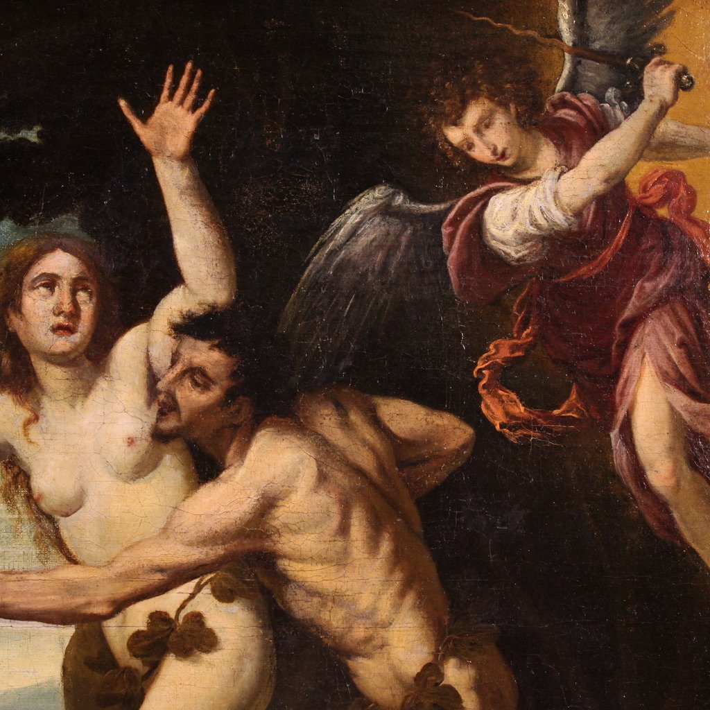 Antico dipinto del XVII secolo, la cacciata di Adamo ed Eva dal Paradiso Terrestre-photo-7