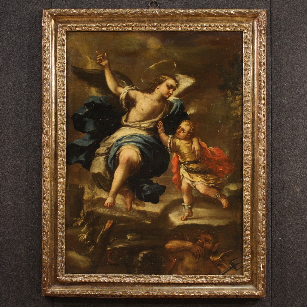 Grande dipinto italiano del XVII secolo, Tobiolo e L'Angelo